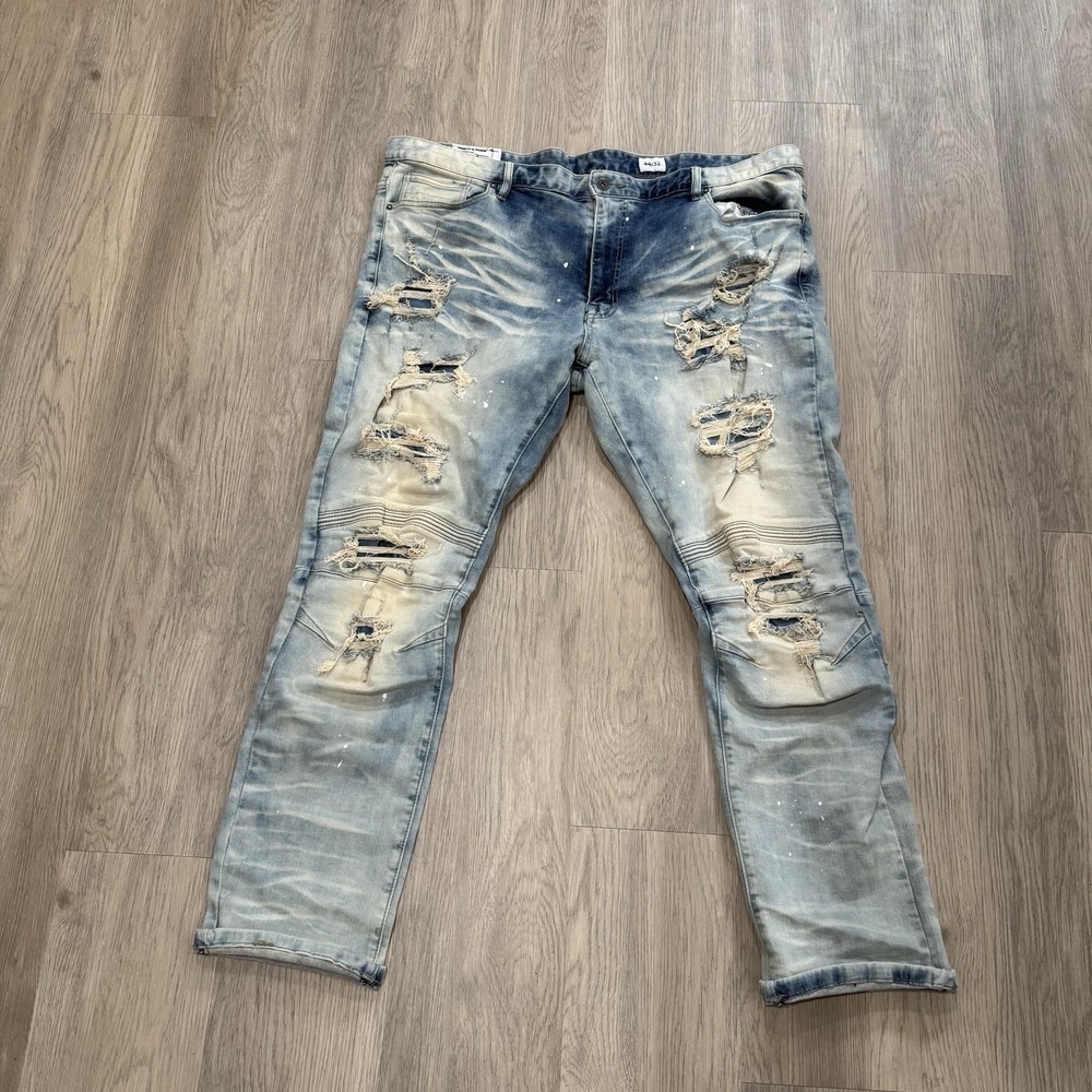 Smoke Rise Men's Distressed Jeans 44x32 Light Wash Biker Moto Rip Paint Splatter
